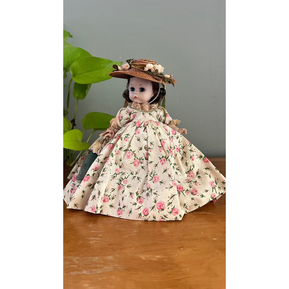 Madame Alexander Alexander-kins 8" Doll Vintage Floral Gown Straw Hat Parasol